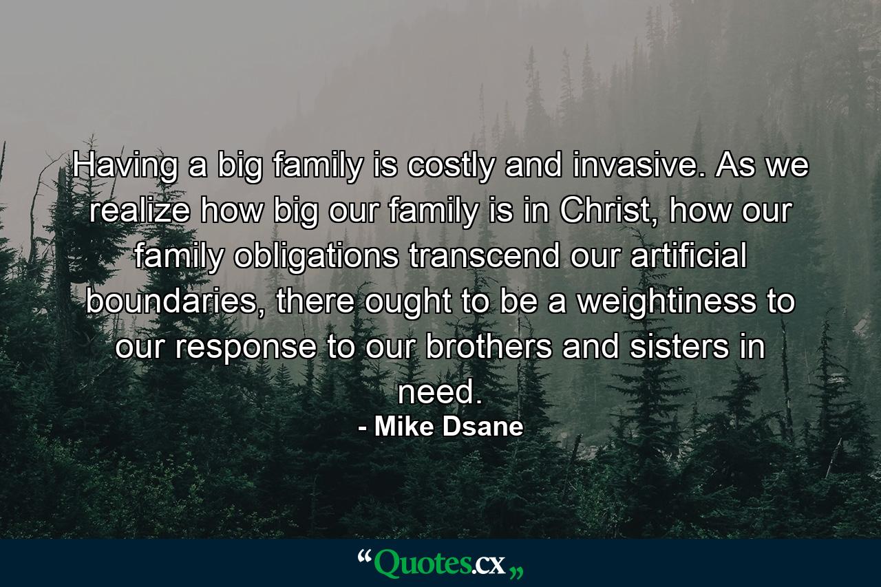 Having a big family is costly and invasive. As we realize how big our family is in Christ, how our family obligations transcend our artificial boundaries, there ought to be a weightiness to our response to our brothers and sisters in need. - Quote by Mike Dsane