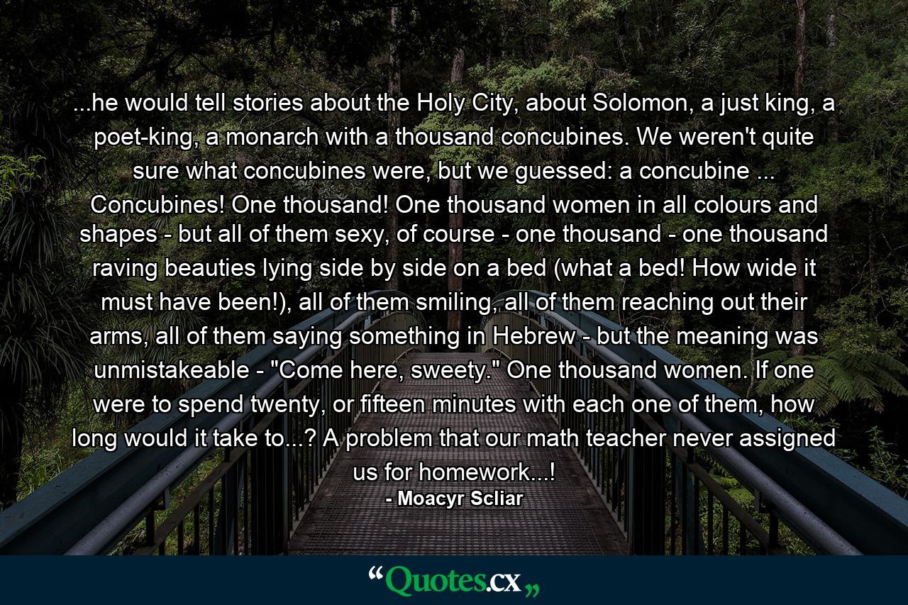 ...he would tell stories about the Holy City, about Solomon, a just king, a poet-king, a monarch with a thousand concubines. We weren't quite sure what concubines were, but we guessed: a concubine ... Concubines! One thousand! One thousand women in all colours and shapes - but all of them sexy, of course - one thousand - one thousand raving beauties lying side by side on a bed (what a bed! How wide it must have been!), all of them smiling, all of them reaching out their arms, all of them saying something in Hebrew - but the meaning was unmistakeable - 