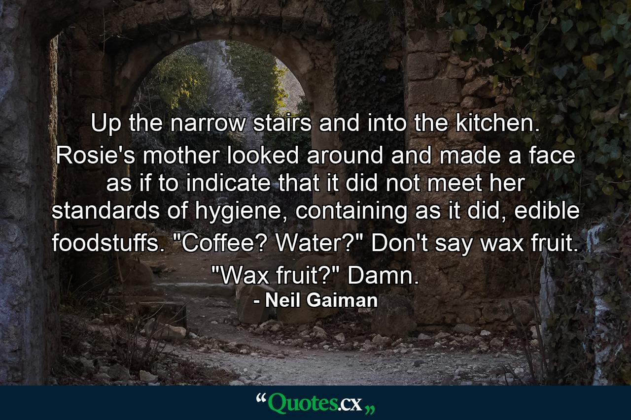 Up the narrow stairs and into the kitchen. Rosie's mother looked around and made a face as if to indicate that it did not meet her standards of hygiene, containing as it did, edible foodstuffs. 