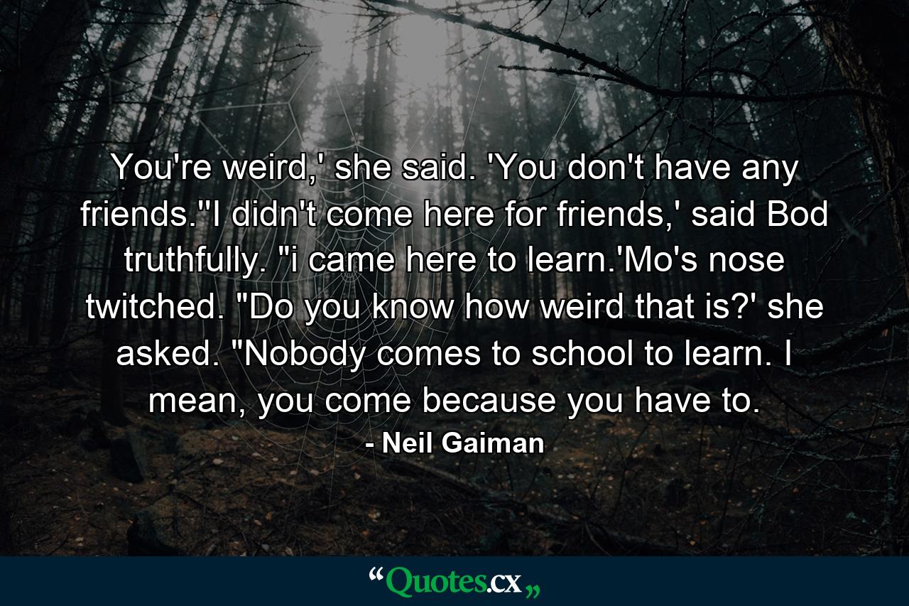 You're weird,' she said. 'You don't have any friends.''I didn't come here for friends,' said Bod truthfully. 