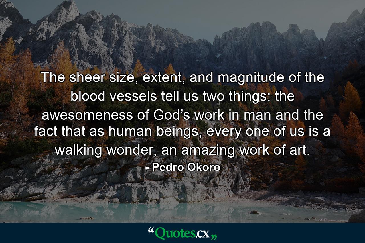 The sheer size, extent, and magnitude of the blood vessels tell us two things: the awesomeness of God’s work in man and the fact that as human beings, every one of us is a walking wonder, an amazing work of art. - Quote by Pedro Okoro