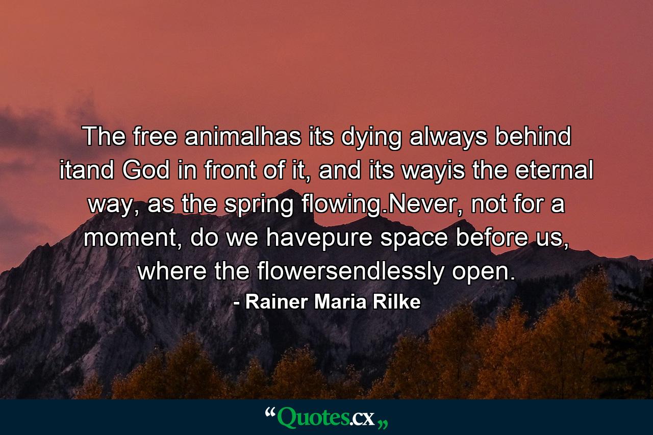 The free animalhas its dying always behind itand God in front of it, and its wayis the eternal way, as the spring flowing.Never, not for a moment, do we havepure space before us, where the flowersendlessly open. - Quote by Rainer Maria Rilke