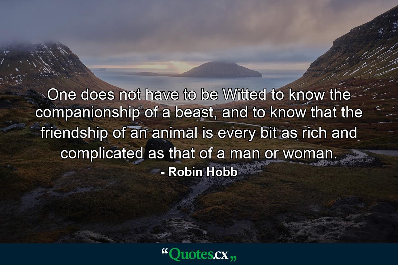 One does not have to be Witted to know the companionship of a beast, and to know that the friendship of an animal is every bit as rich and complicated as that of a man or woman. - Quote by Robin Hobb