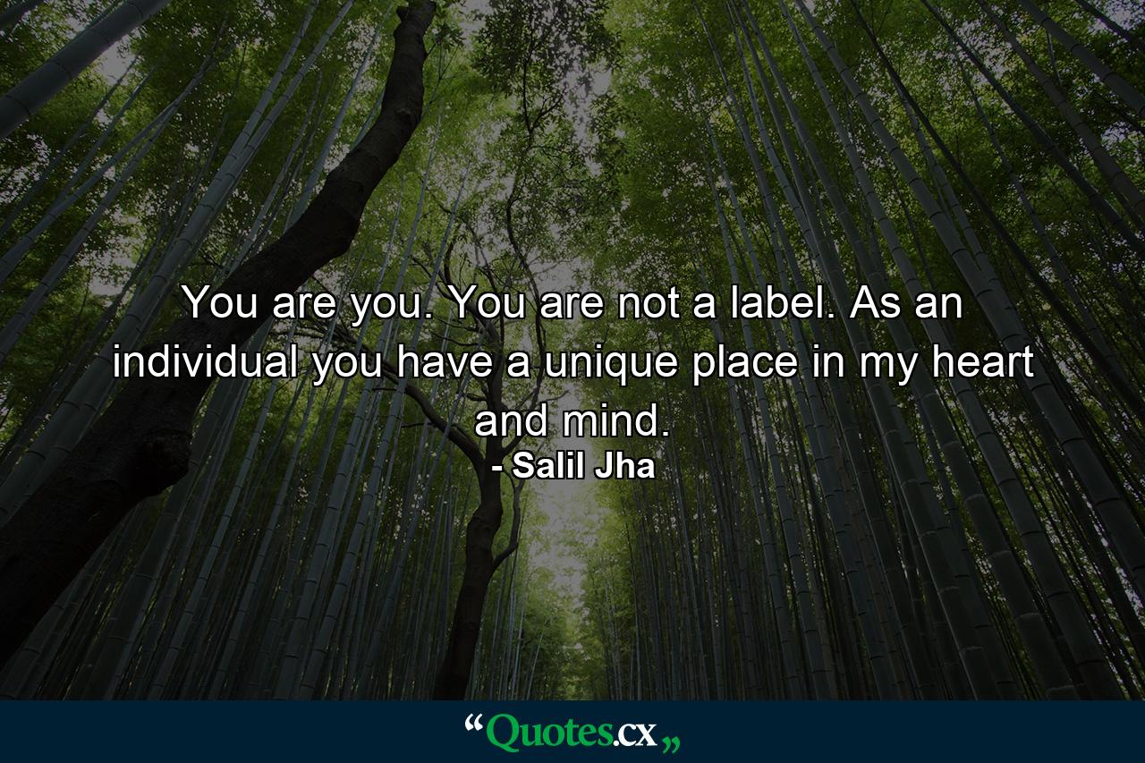 You are you. You are not a label. As an individual you have a unique place in my heart and mind. - Quote by Salil Jha