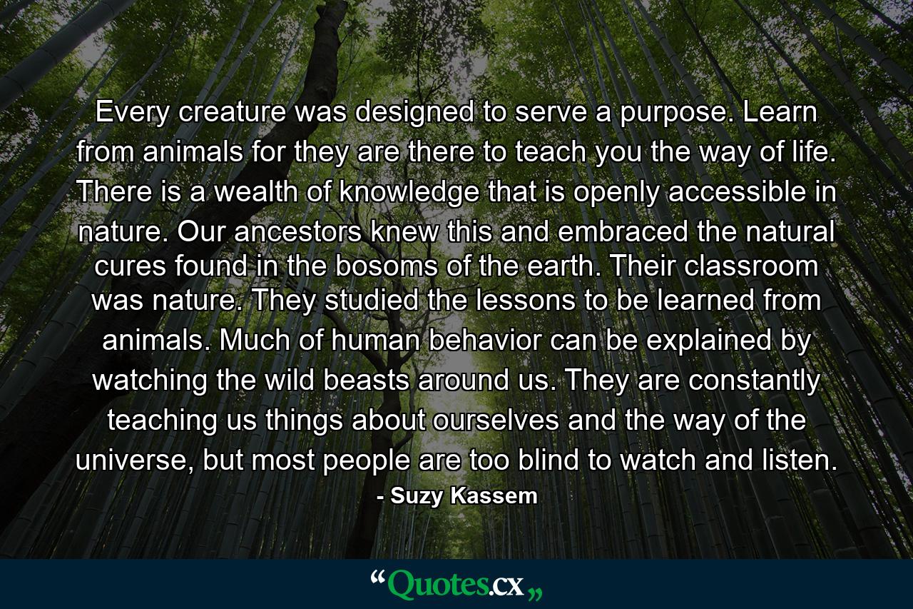 Every creature was designed to serve a purpose. Learn from animals for they are there to teach you the way of life. There is a wealth of knowledge that is openly accessible in nature. Our ancestors knew this and embraced the natural cures found in the bosoms of the earth. Their classroom was nature. They studied the lessons to be learned from animals. Much of human behavior can be explained by watching the wild beasts around us. They are constantly teaching us things about ourselves and the way of the universe, but most people are too blind to watch and listen. - Quote by Suzy Kassem