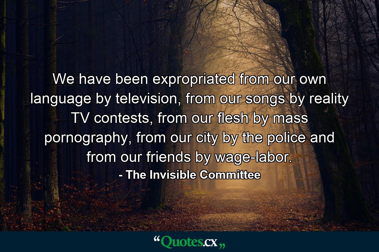 We have been expropriated from our own language by television, from our songs by reality TV contests, from our flesh by mass pornography, from our city by the police and from our friends by wage-labor. - Quote by The Invisible Committee