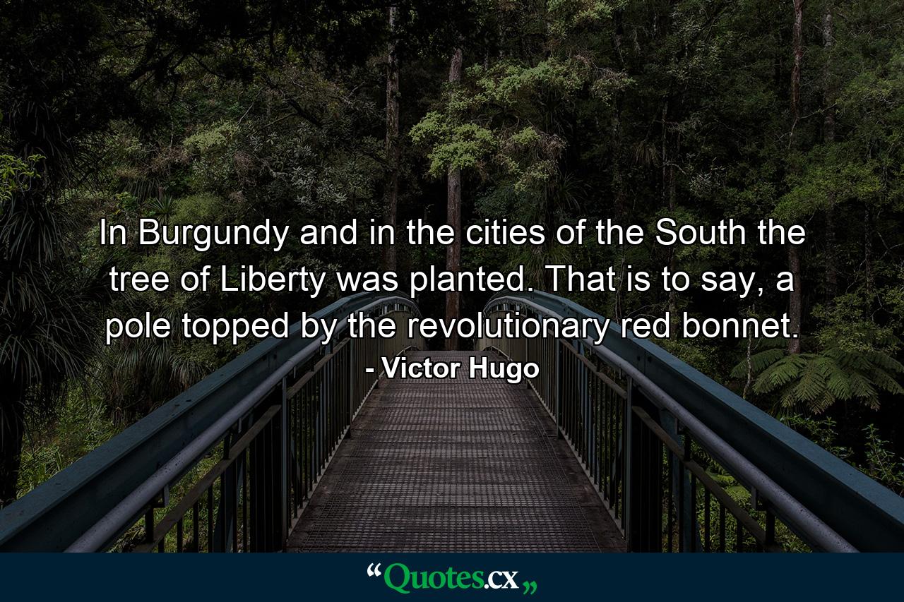 In Burgundy and in the cities of the South the tree of Liberty was planted. That is to say, a pole topped by the revolutionary red bonnet. - Quote by Victor Hugo