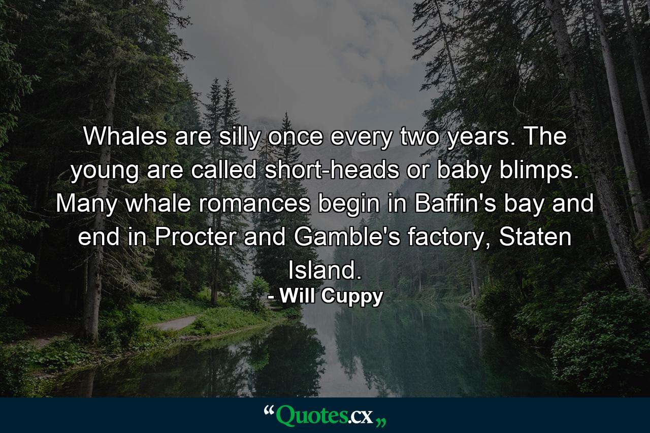 Whales are silly once every two years. The young are called short-heads or baby blimps. Many whale romances begin in Baffin's bay and end in Procter and Gamble's factory, Staten Island. - Quote by Will Cuppy