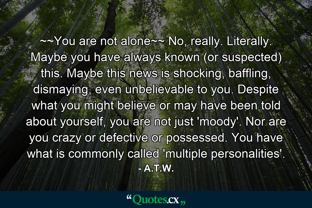 ~~You are not alone~~ No, really. Literally. Maybe you have always known (or suspected) this. Maybe this news is shocking, baffling, dismaying, even unbelievable to you. Despite what you might believe or may have been told about yourself, you are not just 'moody'. Nor are you crazy or defective or possessed. You have what is commonly called 'multiple personalities'. - Quote by A.T.W.