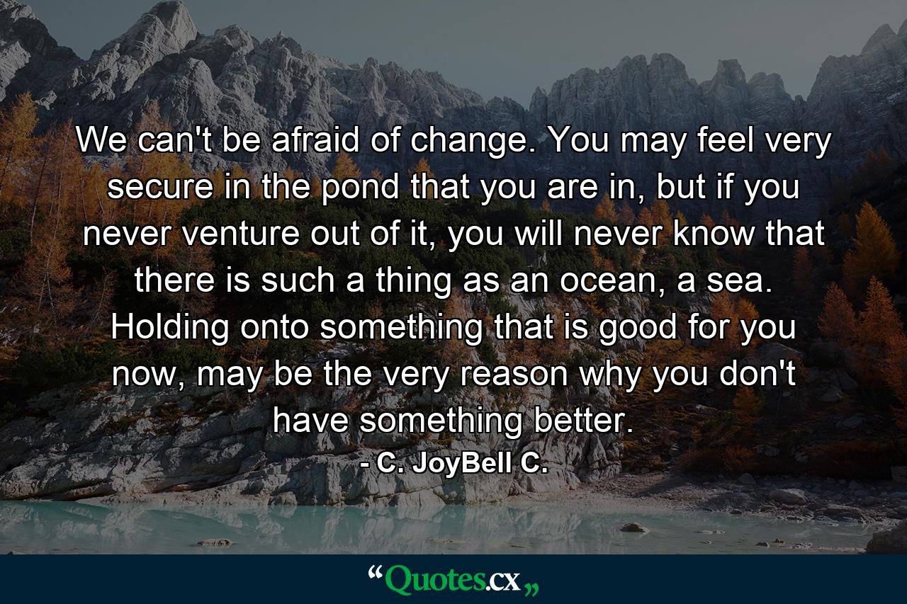 We can't be afraid of change. You may feel very secure in the pond that you are in, but if you never venture out of it, you will never know that there is such a thing as an ocean, a sea. Holding onto something that is good for you now, may be the very reason why you don't have something better. - Quote by C. JoyBell C.