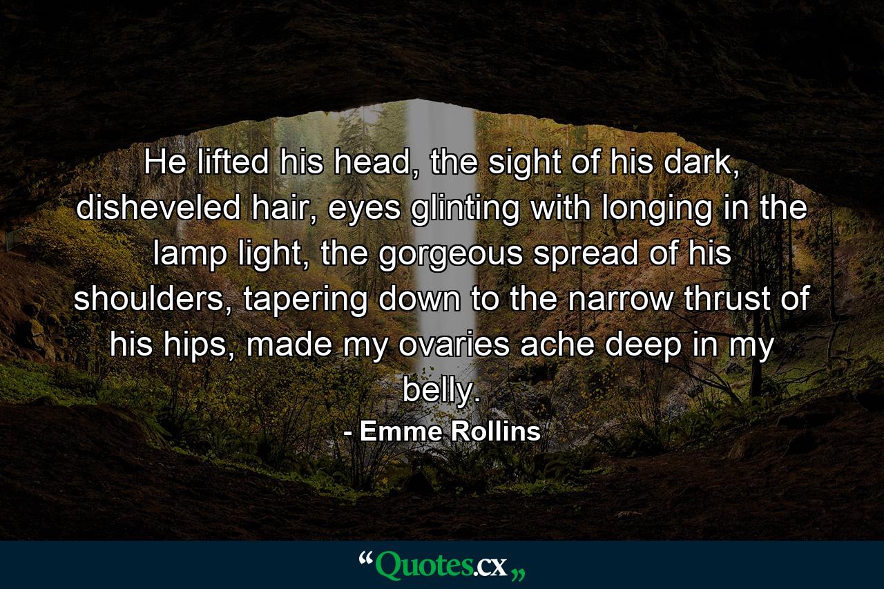 He lifted his head, the sight of his dark, disheveled hair, eyes glinting with longing in the lamp light, the gorgeous spread of his shoulders, tapering down to the narrow thrust of his hips, made my ovaries ache deep in my belly. - Quote by Emme Rollins