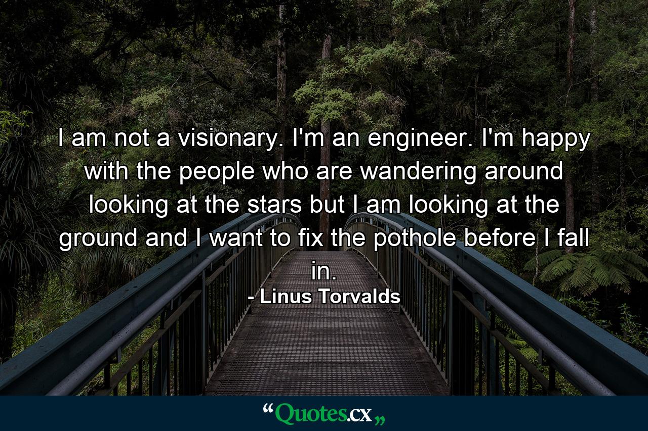 I am not a visionary. I'm an engineer. I'm happy with the people who are wandering around looking at the stars but I am looking at the ground and I want to fix the pothole before I fall in. - Quote by Linus Torvalds