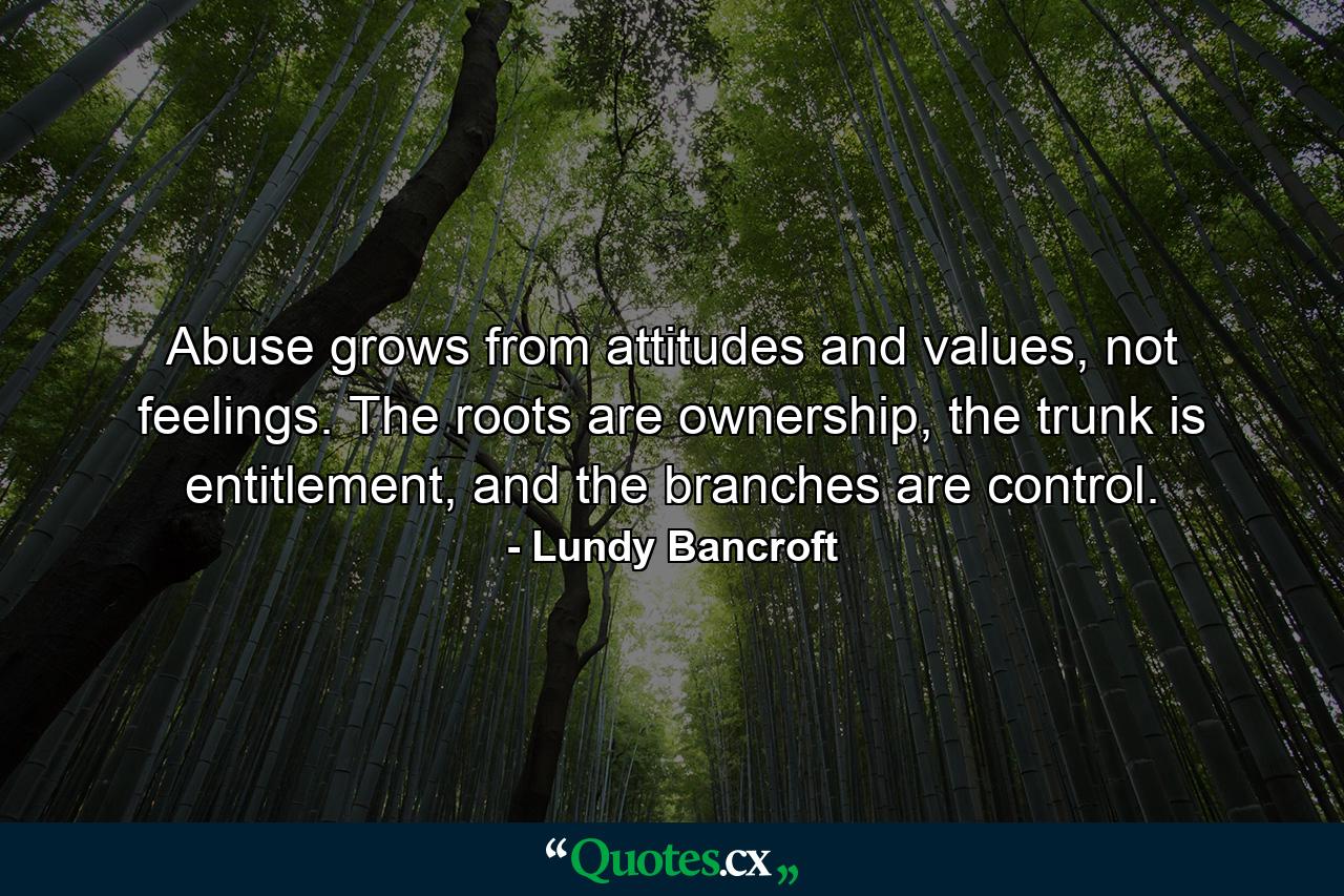 Abuse grows from attitudes and values, not feelings. The roots are ownership, the trunk is entitlement, and the branches are control. - Quote by Lundy Bancroft