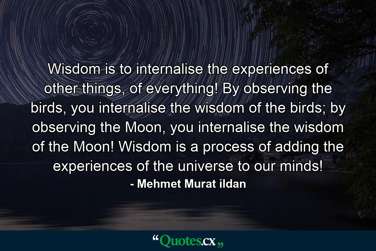 Wisdom is to internalise the experiences of other things, of everything! By observing the birds, you internalise the wisdom of the birds; by observing the Moon, you internalise the wisdom of the Moon! Wisdom is a process of adding the experiences of the universe to our minds! - Quote by Mehmet Murat ildan
