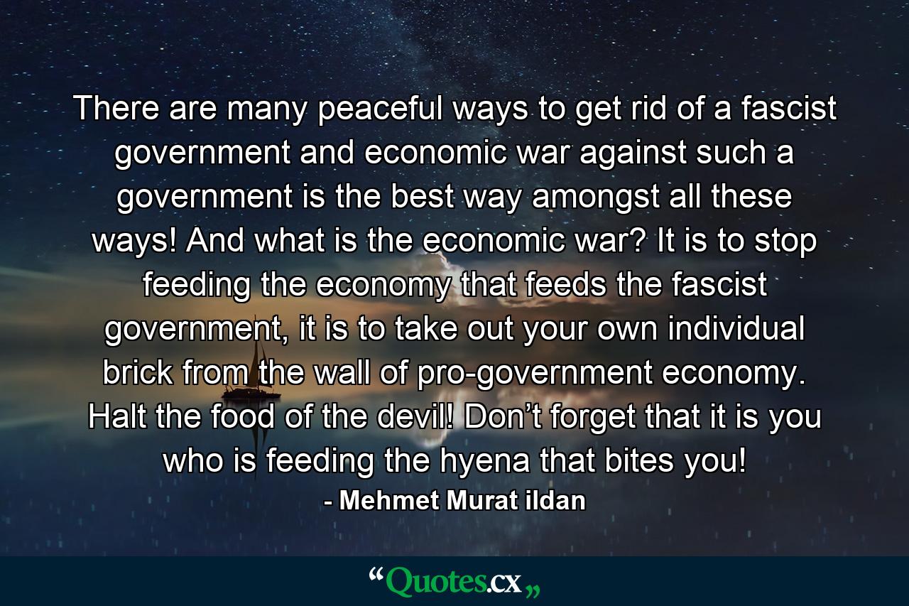 There are many peaceful ways to get rid of a fascist government and economic war against such a government is the best way amongst all these ways! And what is the economic war? It is to stop feeding the economy that feeds the fascist government, it is to take out your own individual brick from the wall of pro-government economy. Halt the food of the devil! Don’t forget that it is you who is feeding the hyena that bites you! - Quote by Mehmet Murat ildan