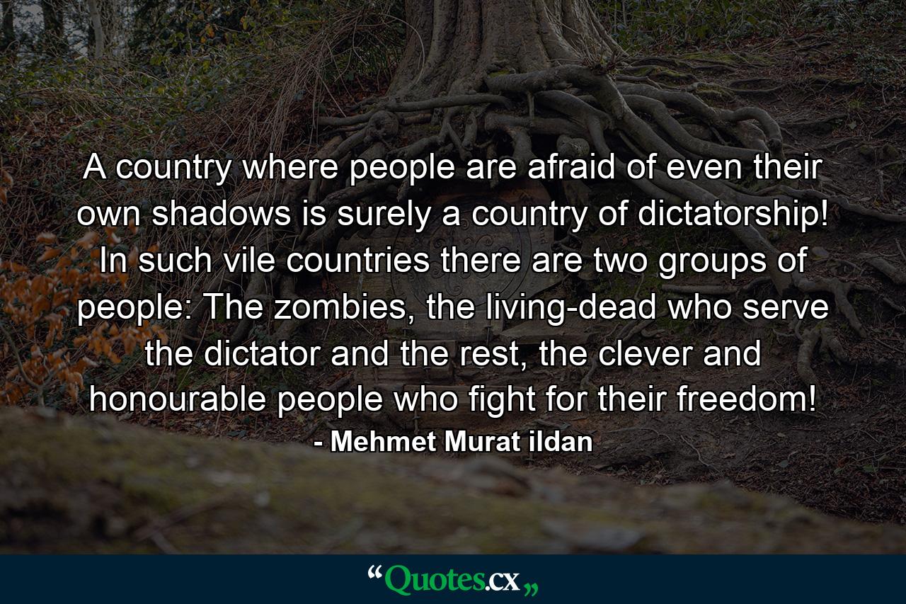 A country where people are afraid of even their own shadows is surely a country of dictatorship! In such vile countries there are two groups of people: The zombies, the living-dead who serve the dictator and the rest, the clever and honourable people who fight for their freedom! - Quote by Mehmet Murat ildan