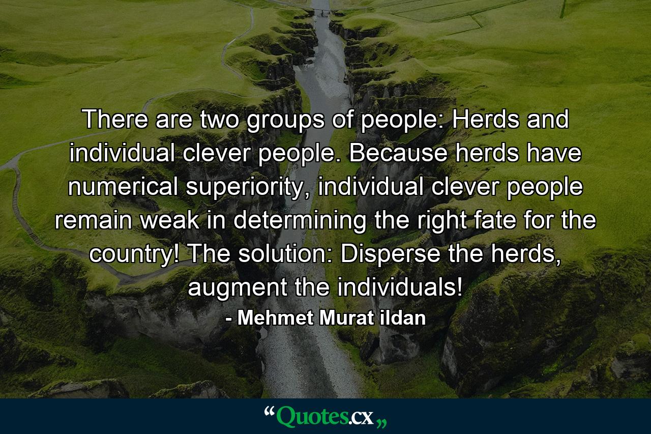 There are two groups of people: Herds and individual clever people. Because herds have numerical superiority, individual clever people remain weak in determining the right fate for the country! The solution: Disperse the herds, augment the individuals! - Quote by Mehmet Murat ildan