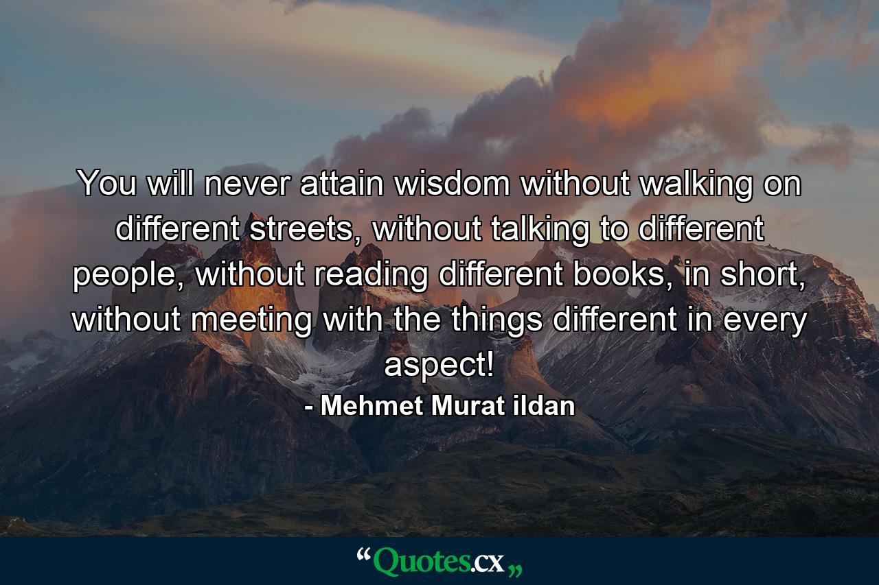 You will never attain wisdom without walking on different streets, without talking to different people, without reading different books, in short, without meeting with the things different in every aspect! - Quote by Mehmet Murat ildan