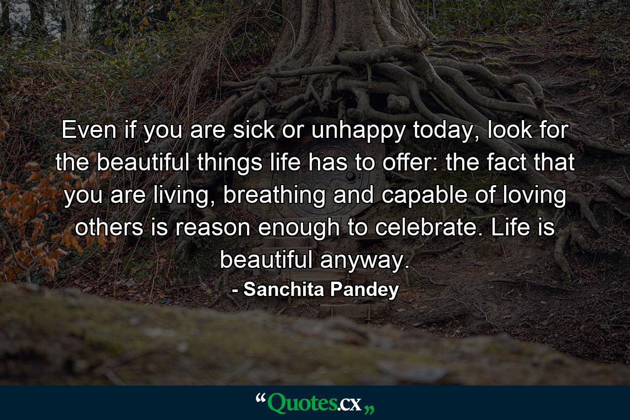 Even if you are sick or unhappy today, look for the beautiful things life has to offer: the fact that you are living, breathing and capable of loving others is reason enough to celebrate. Life is beautiful anyway. - Quote by Sanchita Pandey