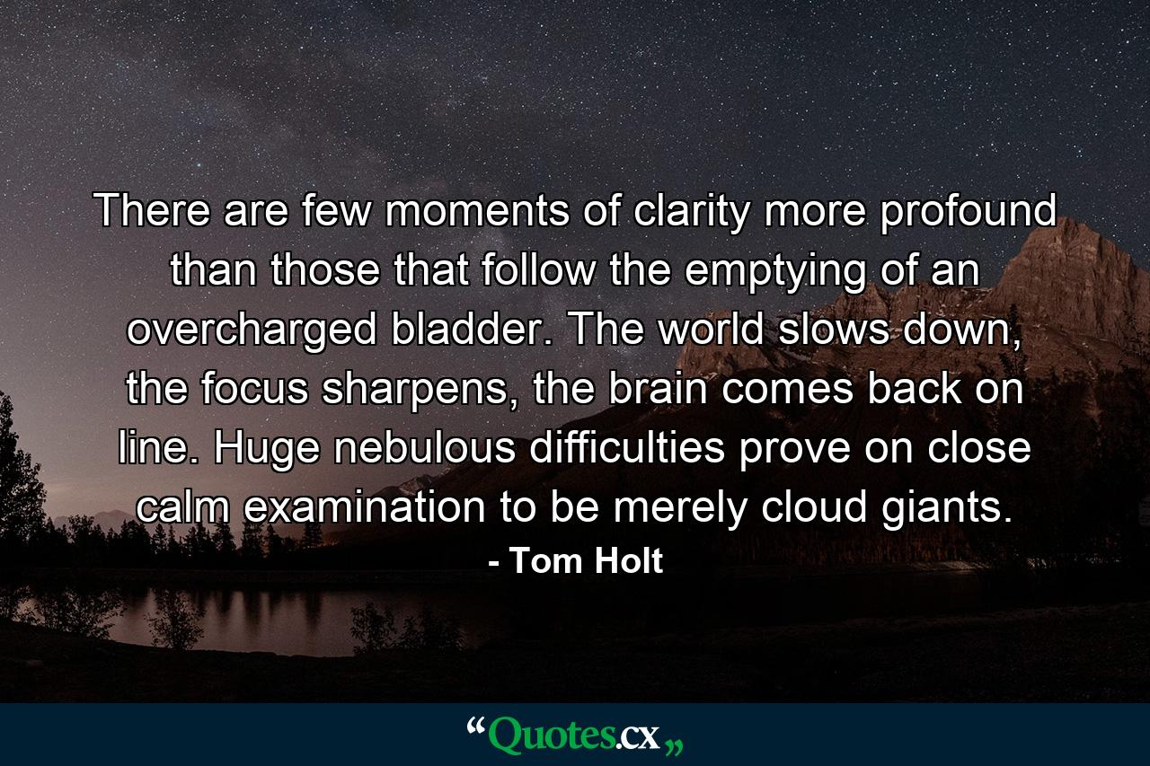 There are few moments of clarity more profound than those that follow the emptying of an overcharged bladder. The world slows down, the focus sharpens, the brain comes back on line. Huge nebulous difficulties prove on close calm examination to be merely cloud giants. - Quote by Tom Holt