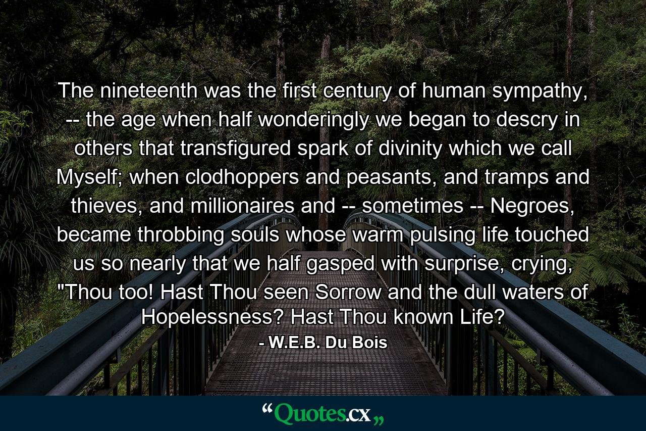 The nineteenth was the first century of human sympathy, -- the age when half wonderingly we began to descry in others that transfigured spark of divinity which we call Myself; when clodhoppers and peasants, and tramps and thieves, and millionaires and -- sometimes -- Negroes, became throbbing souls whose warm pulsing life touched us so nearly that we half gasped with surprise, crying, 