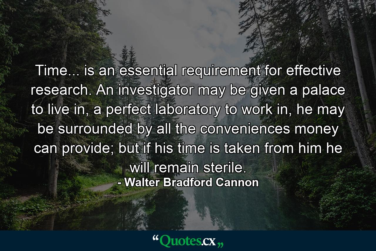 Time... is an essential requirement for effective research. An investigator may be given a palace to live in, a perfect laboratory to work in, he may be surrounded by all the conveniences money can provide; but if his time is taken from him he will remain sterile. - Quote by Walter Bradford Cannon