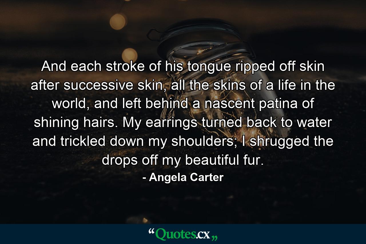 And each stroke of his tongue ripped off skin after successive skin, all the skins of a life in the world, and left behind a nascent patina of shining hairs. My earrings turned back to water and trickled down my shoulders; I shrugged the drops off my beautiful fur. - Quote by Angela Carter