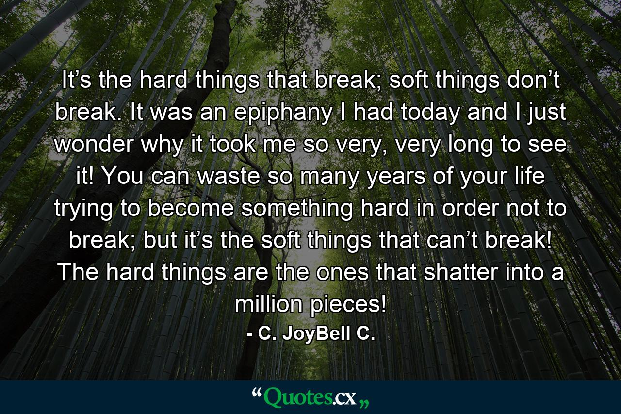 It’s the hard things that break; soft things don’t break. It was an epiphany I had today and I just wonder why it took me so very, very long to see it! You can waste so many years of your life trying to become something hard in order not to break; but it’s the soft things that can’t break! The hard things are the ones that shatter into a million pieces! - Quote by C. JoyBell C.