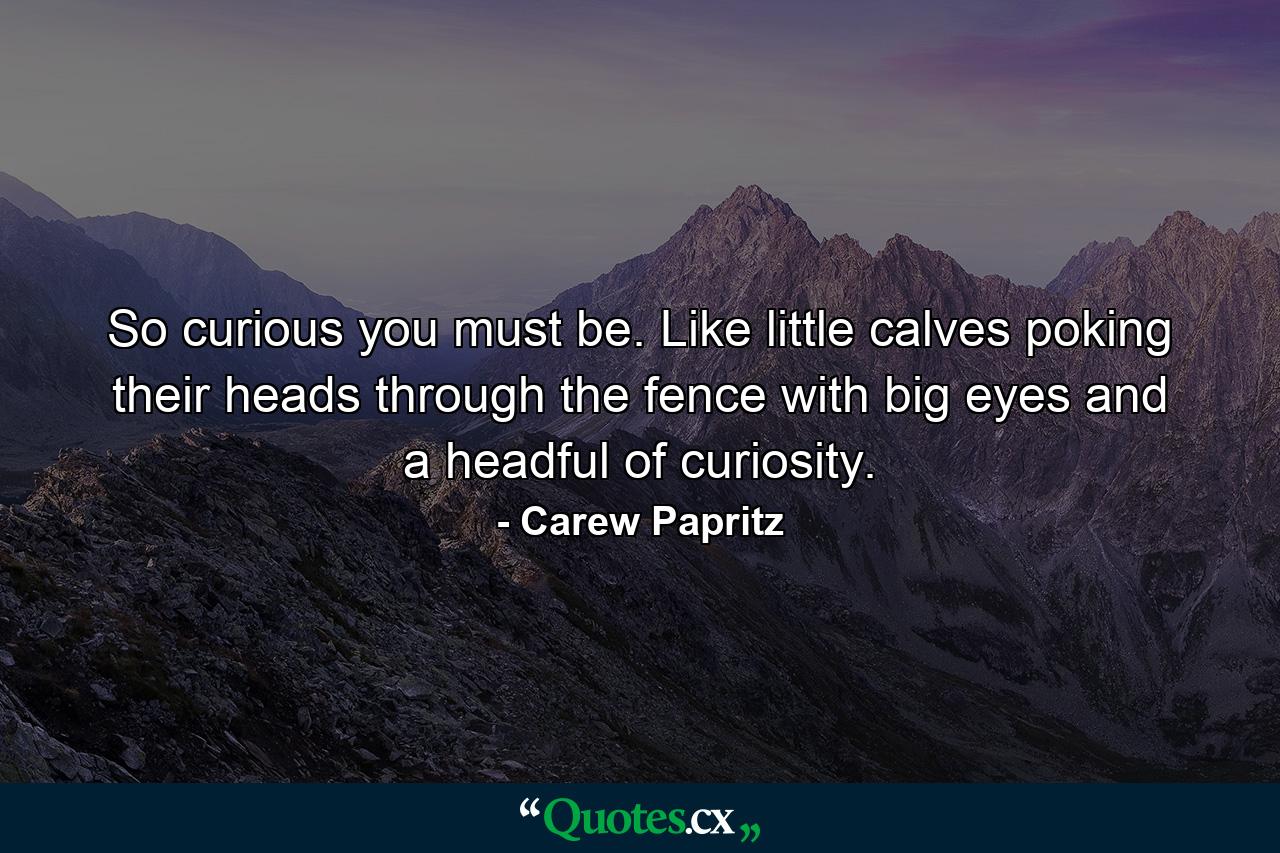 So curious you must be. Like little calves poking their heads through the fence with big eyes and a headful of curiosity. - Quote by Carew Papritz