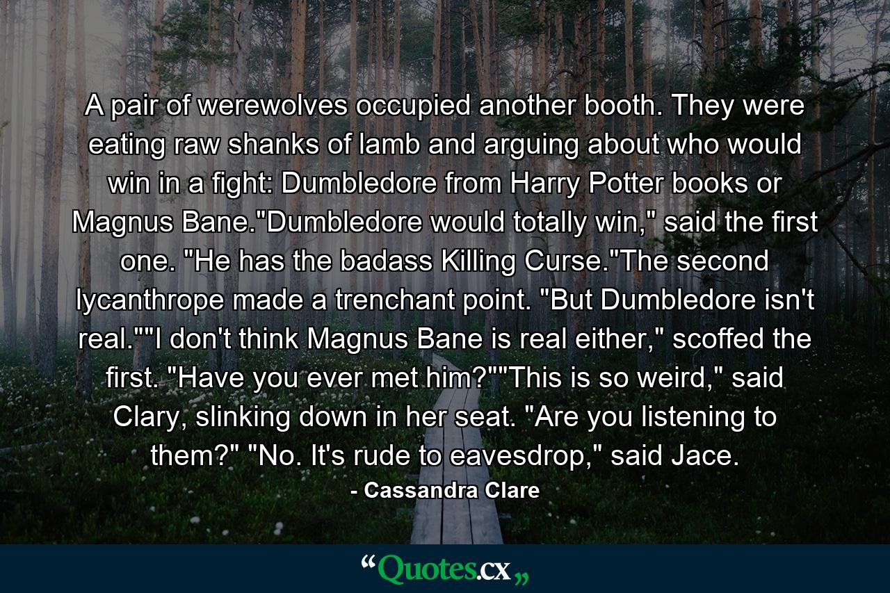 A pair of werewolves occupied another booth. They were eating raw shanks of lamb and arguing about who would win in a fight: Dumbledore from Harry Potter books or Magnus Bane.