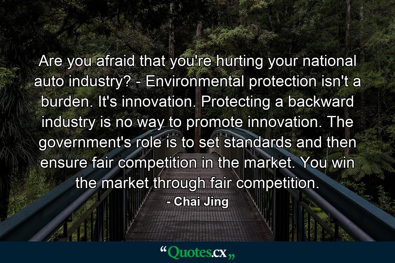 Are you afraid that you're hurting your national auto industry? - Environmental protection isn't a burden. It's innovation. Protecting a backward industry is no way to promote innovation. The government's role is to set standards and then ensure fair competition in the market. You win the market through fair competition. - Quote by Chai Jing