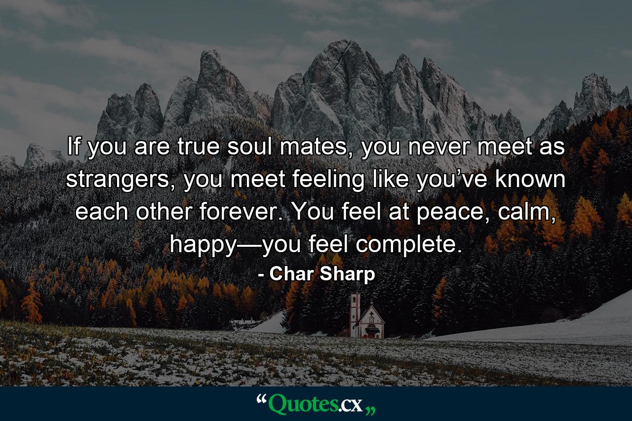 If you are true soul mates, you never meet as strangers, you meet feeling like you’ve known each other forever. You feel at peace, calm, happy—you feel complete. - Quote by Char Sharp