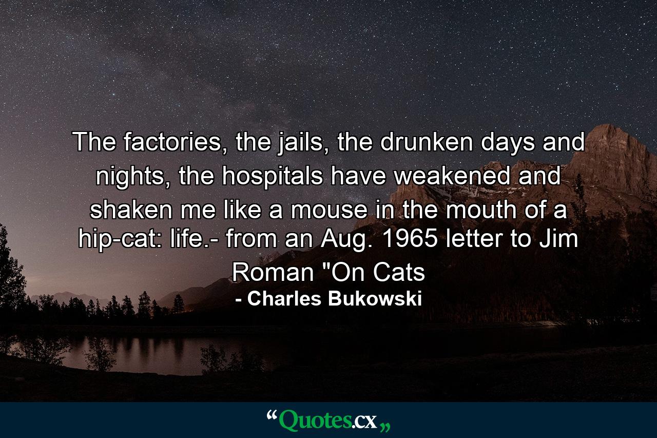 The factories, the jails, the drunken days and nights, the hospitals have weakened and shaken me like a mouse in the mouth of a hip-cat: life.- from an Aug. 1965 letter to Jim Roman 