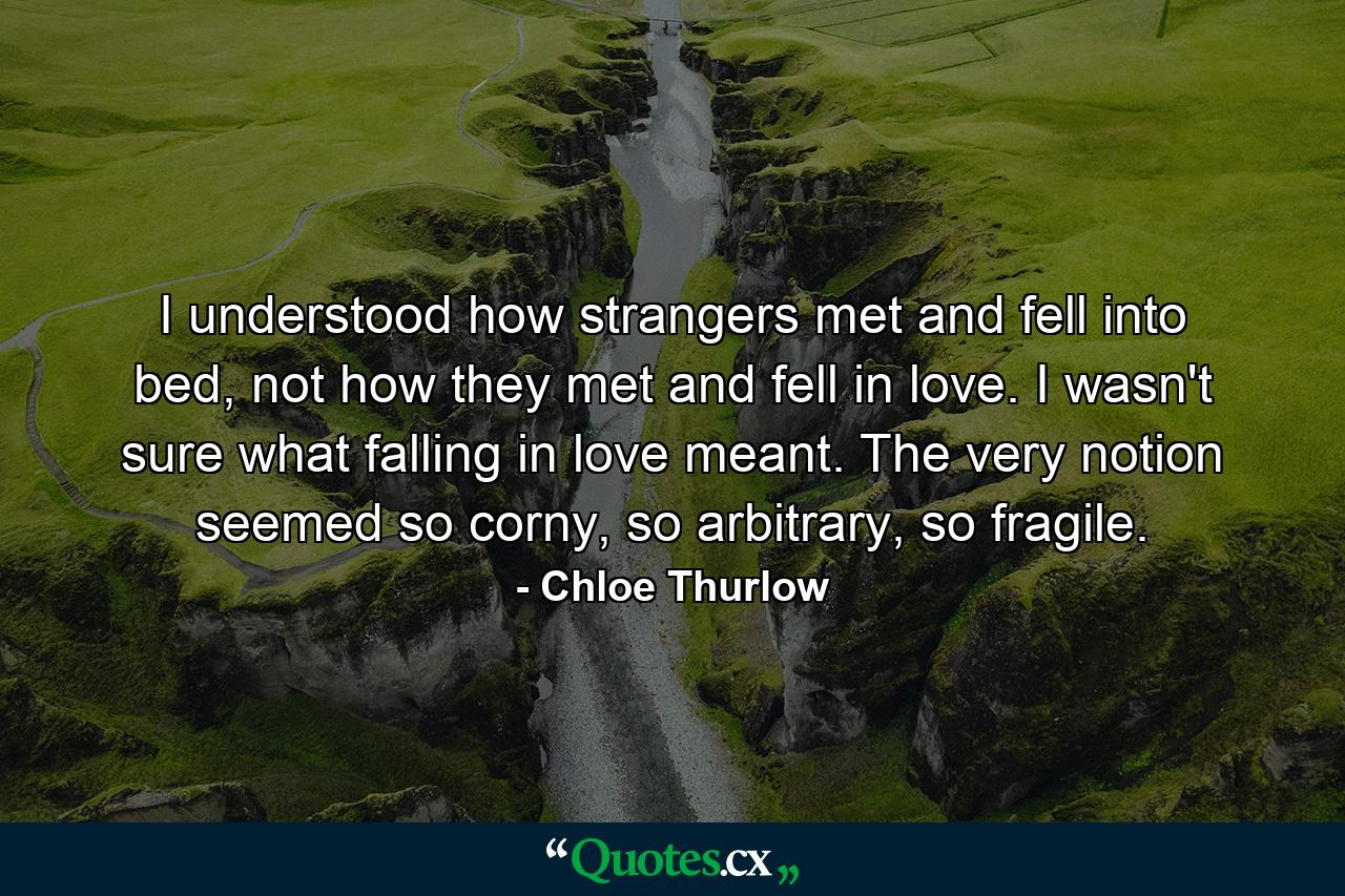 I understood how strangers met and fell into bed, not how they met and fell in love. I wasn't sure what falling in love meant. The very notion seemed so corny, so arbitrary, so fragile. - Quote by Chloe Thurlow