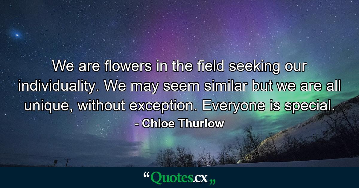 We are flowers in the field seeking our individuality. We may seem similar but we are all unique, without exception. Everyone is special. - Quote by Chloe Thurlow