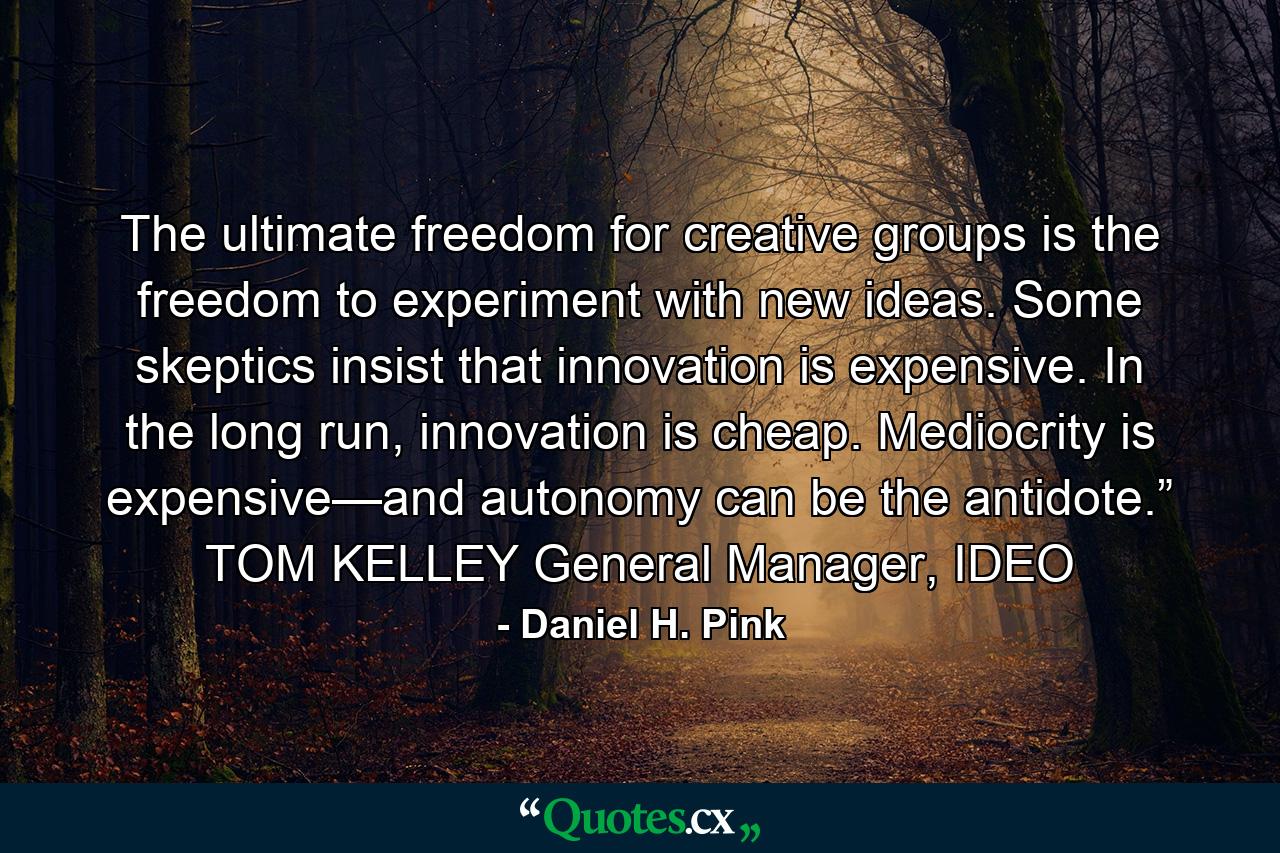 The ultimate freedom for creative groups is the freedom to experiment with new ideas. Some skeptics insist that innovation is expensive. In the long run, innovation is cheap. Mediocrity is expensive—and autonomy can be the antidote.”   TOM KELLEY General Manager, IDEO - Quote by Daniel H. Pink