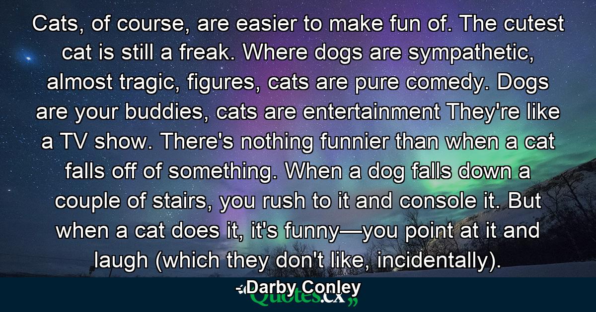 Cats, of course, are easier to make fun of. The cutest cat is still a freak. Where dogs are sympathetic, almost tragic, figures, cats are pure comedy. Dogs are your buddies, cats are entertainment They're like a TV show. There's nothing funnier than when a cat falls off of something. When a dog falls down a couple of stairs, you rush to it and console it. But when a cat does it, it's funny—you point at it and laugh (which they don't like, incidentally). - Quote by Darby Conley