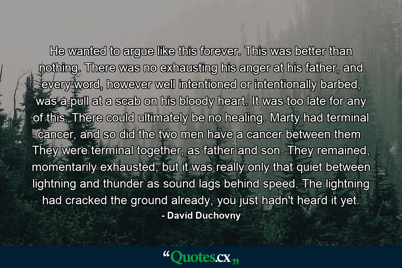 He wanted to argue like this forever. This was better than nothing. There was no exhausting his anger at his father, and every word, however well intentioned or intentionally barbed, was a pull at a scab on his bloody heart. It was too late for any of this. There could ultimately be no healing. Marty had terminal cancer, and so did the two men have a cancer between them. They were terminal together, as father and son. They remained, momentarily exhausted, but it was really only that quiet between lightning and thunder as sound lags behind speed. The lightning had cracked the ground already, you just hadn't heard it yet. - Quote by David Duchovny