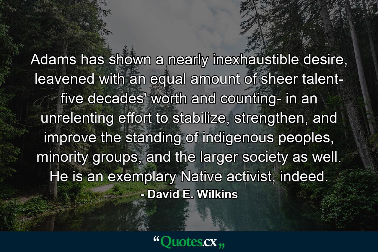 Adams has shown a nearly inexhaustible desire, leavened with an equal amount of sheer talent- five decades' worth and counting- in an unrelenting effort to stabilize, strengthen, and improve the standing of indigenous peoples, minority groups, and the larger society as well. He is an exemplary Native activist, indeed. - Quote by David E. Wilkins