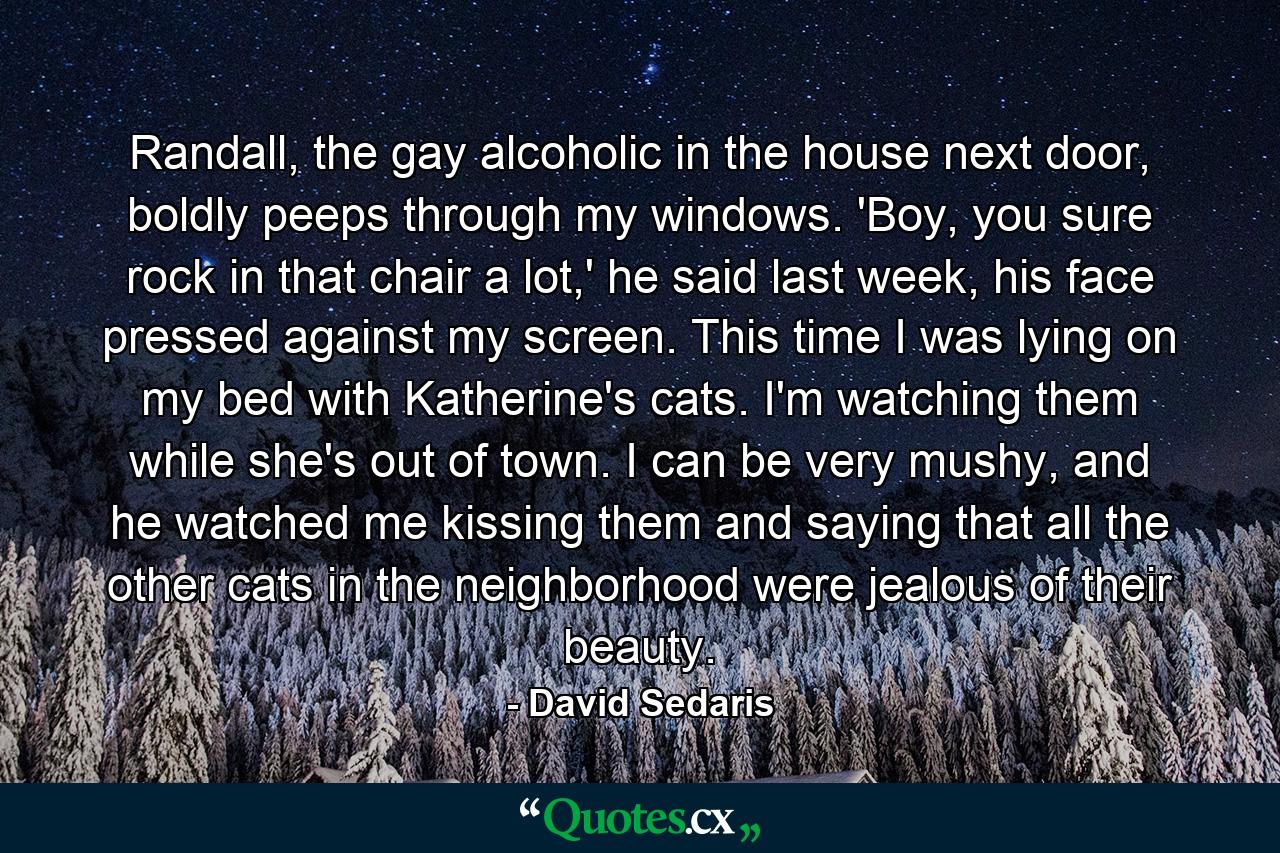 Randall, the gay alcoholic in the house next door, boldly peeps through my windows. 'Boy, you sure rock in that chair a lot,' he said last week, his face pressed against my screen.  This time I was lying on my bed with Katherine's cats. I'm watching them while she's out of town. I can be very mushy, and he watched me kissing them and saying that all the other cats in the neighborhood were jealous of their beauty. - Quote by David Sedaris