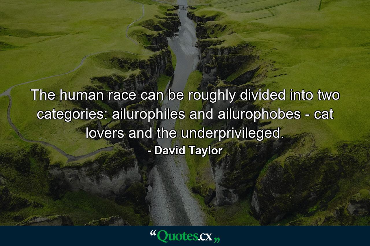 The human race can be roughly divided into two categories: ailurophiles and ailurophobes - cat lovers and the underprivileged. - Quote by David Taylor