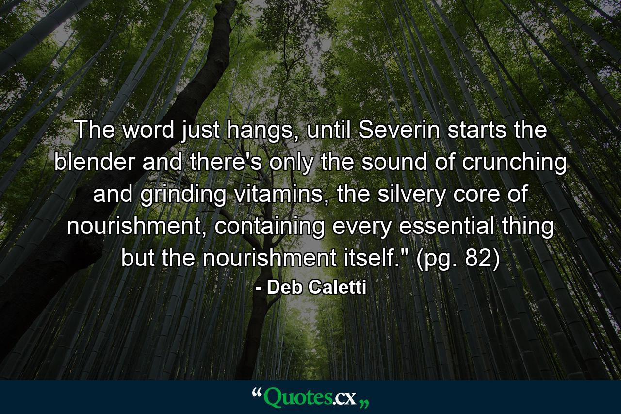 The word just hangs, until Severin starts the blender and there's only the sound of crunching and grinding vitamins, the silvery core of nourishment, containing every essential thing but the nourishment itself.