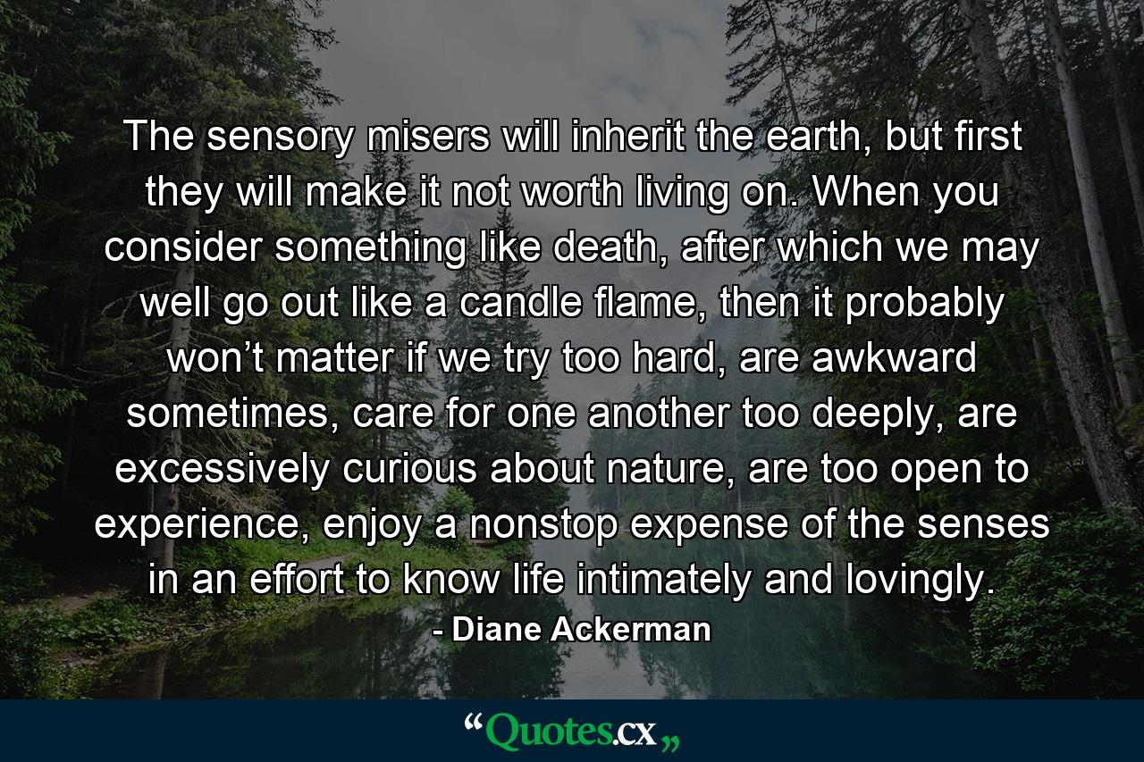 The sensory misers will inherit the earth, but first they will make it not worth living on. When you consider something like death, after which we may well go out like a candle flame, then it probably won’t matter if we try too hard, are awkward sometimes, care for one another too deeply, are excessively curious about nature, are too open to experience, enjoy a nonstop expense of the senses in an effort to know life intimately and lovingly. - Quote by Diane Ackerman