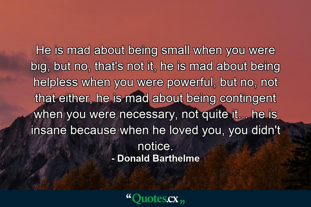 He is mad about being small when you were big, but no, that's not it, he is mad about being helpless when you were powerful, but no, not that either, he is mad about being contingent when you were necessary, not quite it... he is insane because when he loved you, you didn't notice. - Quote by Donald Barthelme