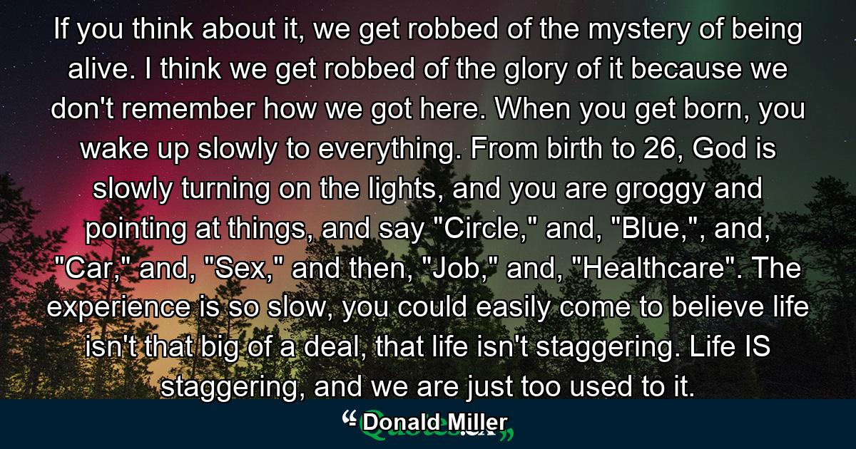 If you think about it, we get robbed of the mystery of being alive. I think we get robbed of the glory of it because we don't remember how we got here. When you get born, you wake up slowly to everything. From birth to 26, God is slowly turning on the lights, and you are groggy and pointing at things, and say 