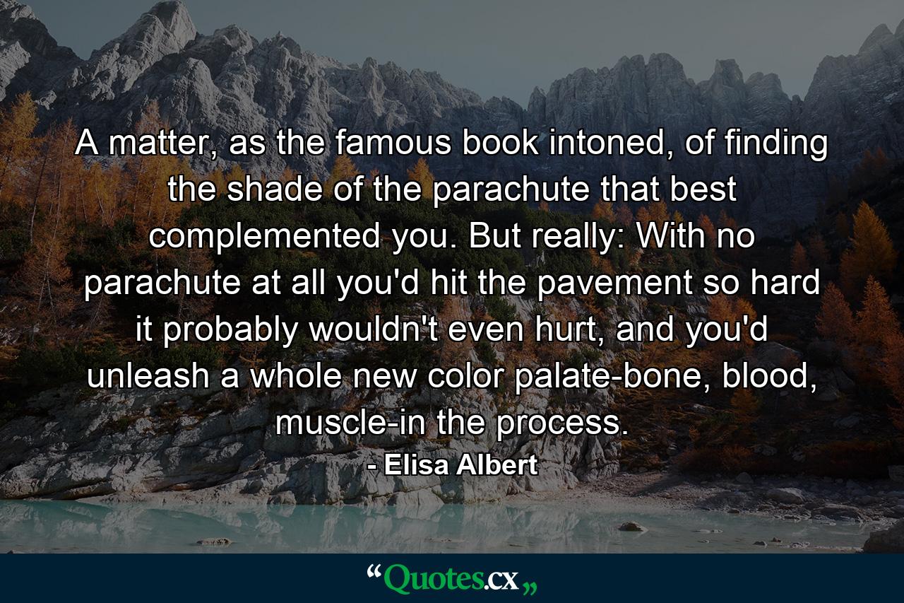 A matter, as the famous book intoned, of finding the shade of the parachute that best complemented you. But really: With no parachute at all you'd hit the pavement so hard it probably wouldn't even hurt, and you'd unleash a whole new color palate-bone, blood, muscle-in the process. - Quote by Elisa Albert