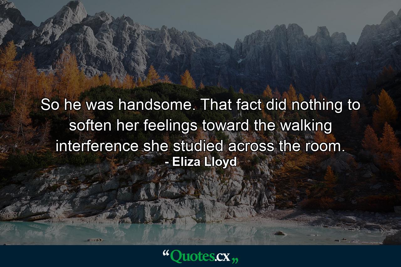 So he was handsome. That fact did nothing to soften her feelings toward the walking interference she studied across the room. - Quote by Eliza Lloyd