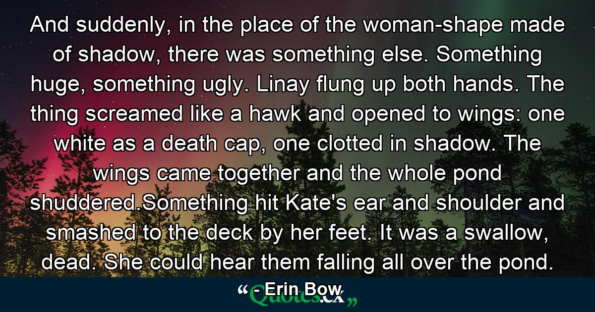 And suddenly, in the place of the woman-shape made of shadow, there was something else. Something huge, something ugly. Linay flung up both hands. The thing screamed like a hawk and opened to wings: one white as a death cap, one clotted in shadow. The wings came together and the whole pond shuddered.Something hit Kate's ear and shoulder and smashed to the deck by her feet. It was a swallow, dead. She could hear them falling all over the pond. - Quote by Erin Bow