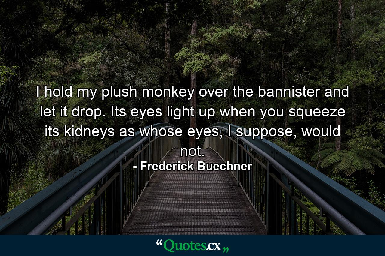 I hold my plush monkey over the bannister and let it drop. Its eyes light up when you squeeze its kidneys as whose eyes, I suppose, would not. - Quote by Frederick Buechner