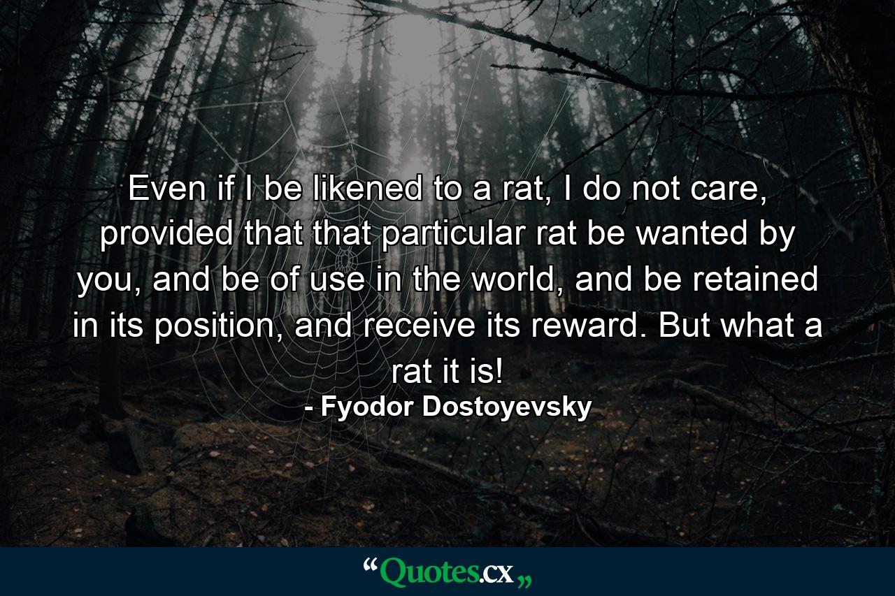 Even if I be likened to a rat, I do not care, provided that that particular rat be wanted by you, and be of use in the world, and be retained in its position, and receive its reward. But what a rat it is! - Quote by Fyodor Dostoyevsky